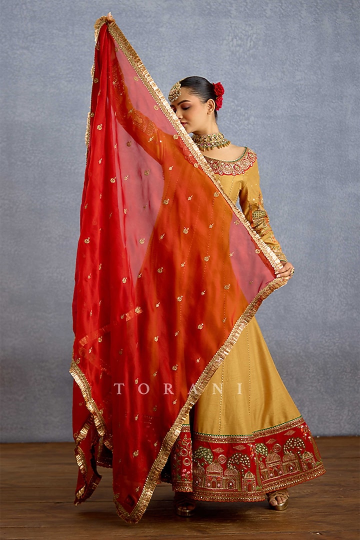 Mustard Yellow Silk & Organza Embroidered Bridal Anarkali Set by TORANI at Pernia's Pop Up Shop