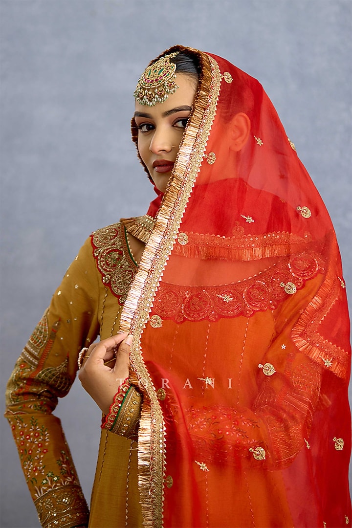Mustard Yellow Silk & Organza Embroidered Bridal Anarkali Set by TORANI at Pernia's Pop Up Shop