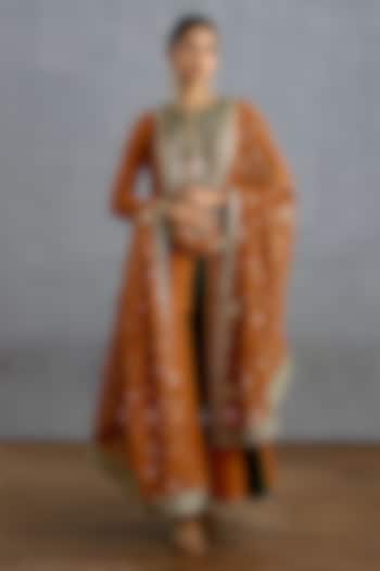 Ochre & Green Silk Embroidered Flared Wedding Anarkali Set by TORANI at Pernia's Pop Up Shop