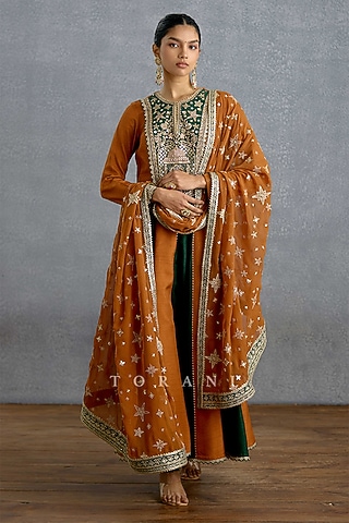 Ochre & Green Silk Embroidered Flared Anarkali Set by TORANI