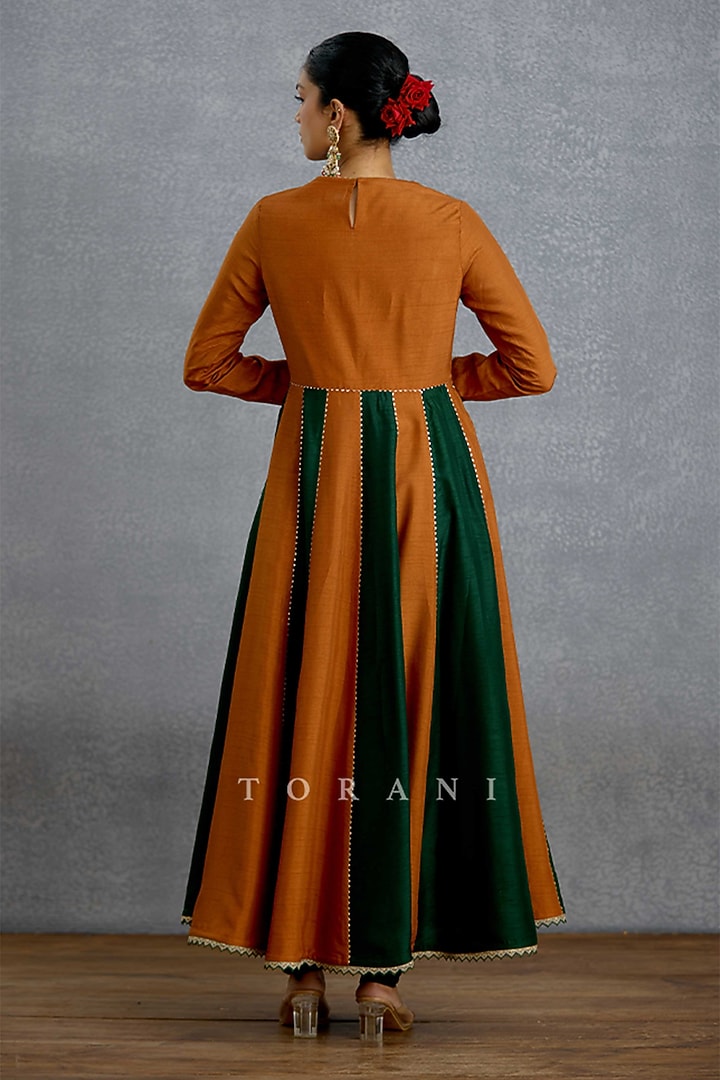 Ochre & Green Silk Embroidered Flared Wedding Anarkali Set by TORANI at Pernia's Pop Up Shop
