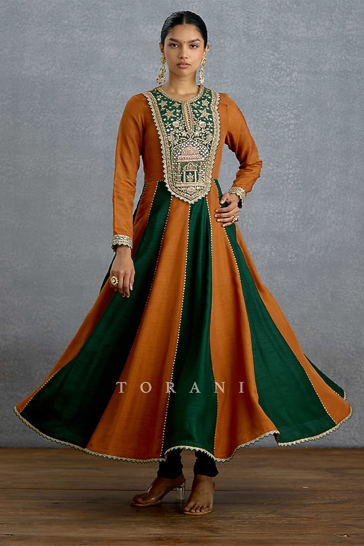 Ochre & Green Silk Embroidered Flared Wedding Anarkali Set by TORANI at Pernia's Pop Up Shop