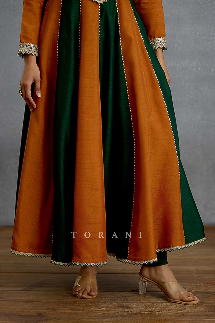 Ochre & Green Silk Embroidered Flared Wedding Anarkali Set by TORANI at Pernia's Pop Up Shop