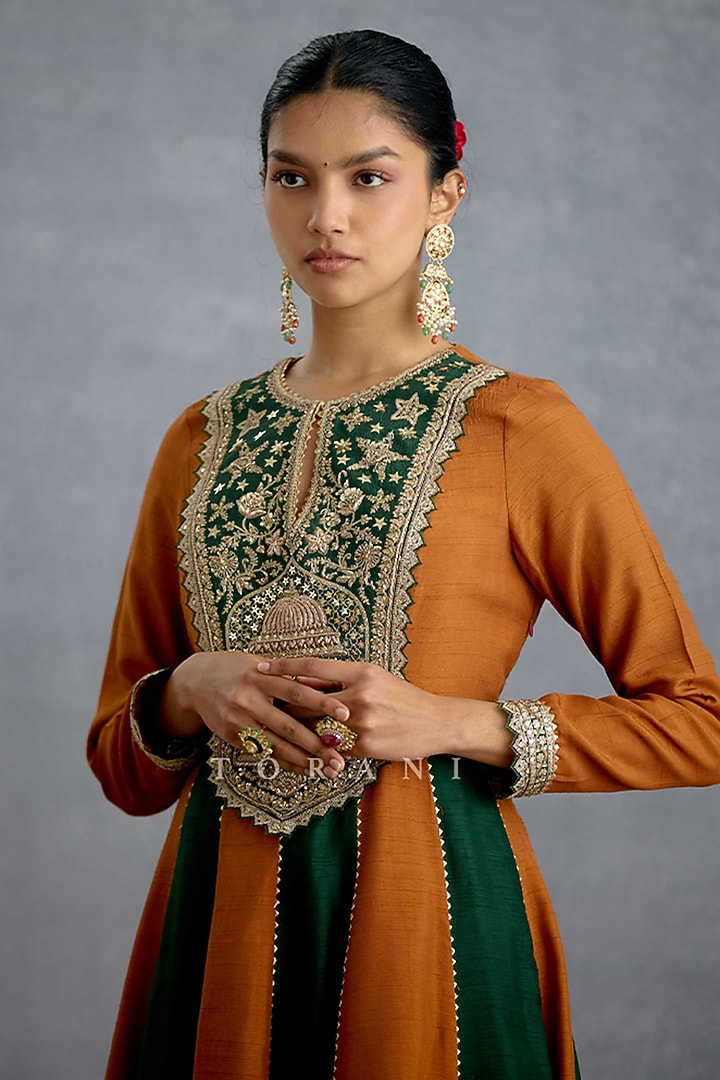 Ochre & Green Silk Embroidered Flared Wedding Anarkali Set by TORANI at Pernia's Pop Up Shop