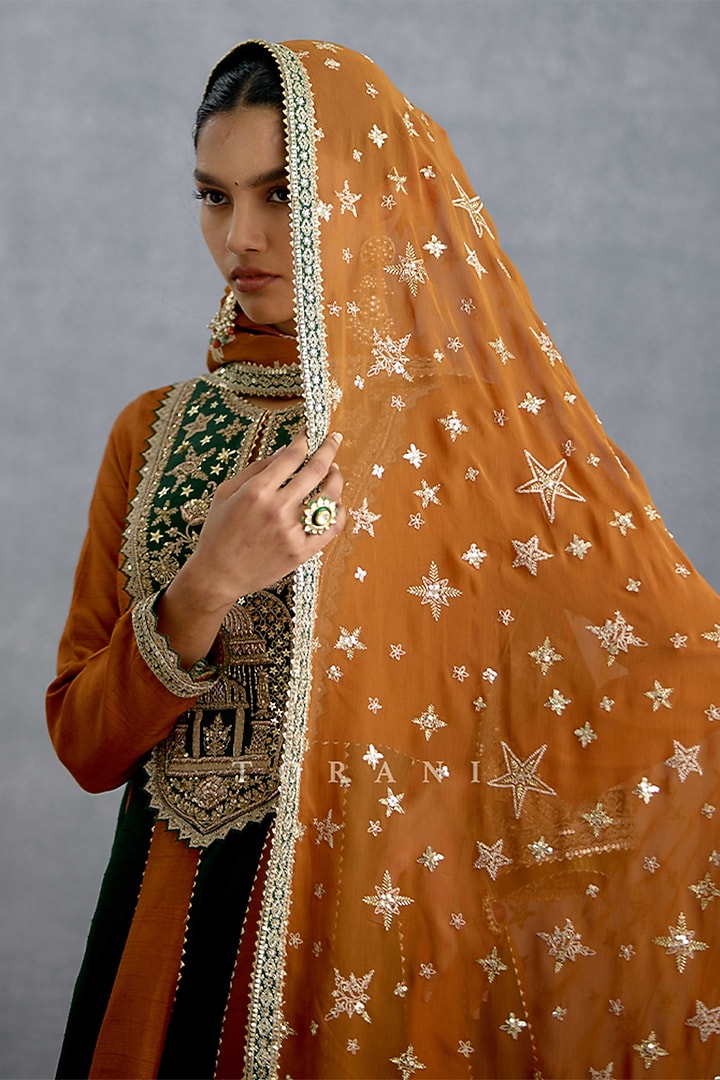 Ochre & Green Silk Embroidered Flared Wedding Anarkali Set by TORANI at Pernia's Pop Up Shop