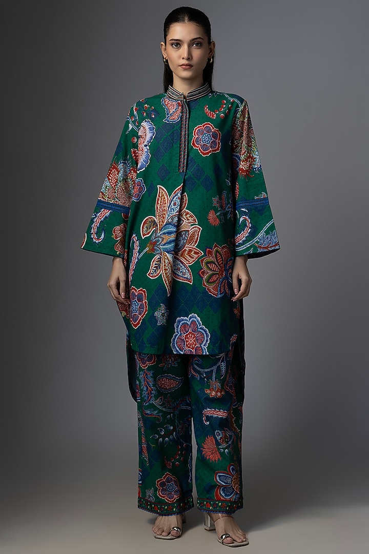 Blue & Green Silk Floral Digital Printed Co-Ord Set by TORANI at Pernia's Pop Up Shop