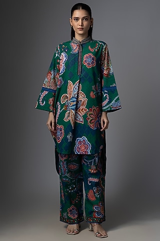 Blue & Green Silk Floral Digital Printed Co-Ord Set by TORANI