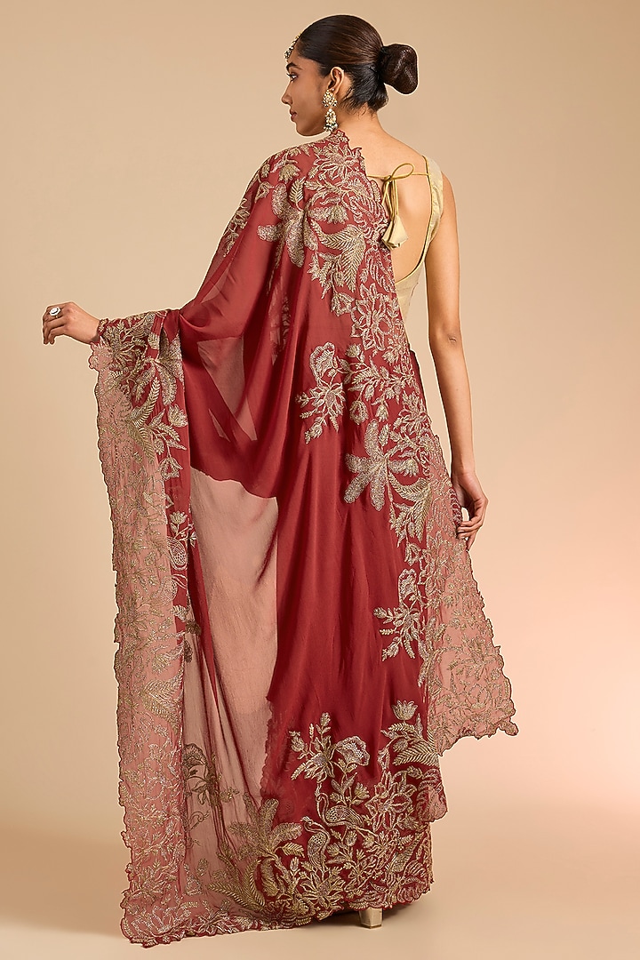 Red Silk Organza Floral Motif Embroidered Reception Saree by TORANI at Pernia's Pop Up Shop