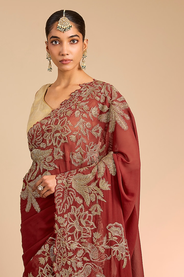 Red Silk Organza Floral Motif Embroidered Reception Saree by TORANI at Pernia's Pop Up Shop