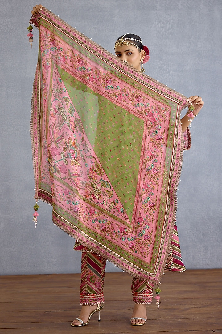 Pink & Green Silk Crepe Organza Floral Chintz Printed Scarf by Torani at Pernia's Pop Up Shop