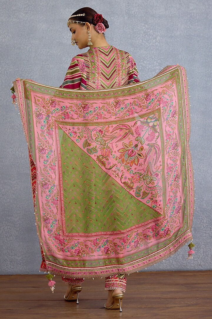 Pink & Green Silk Crepe Organza Floral Chintz Printed Scarf by Torani at Pernia's Pop Up Shop