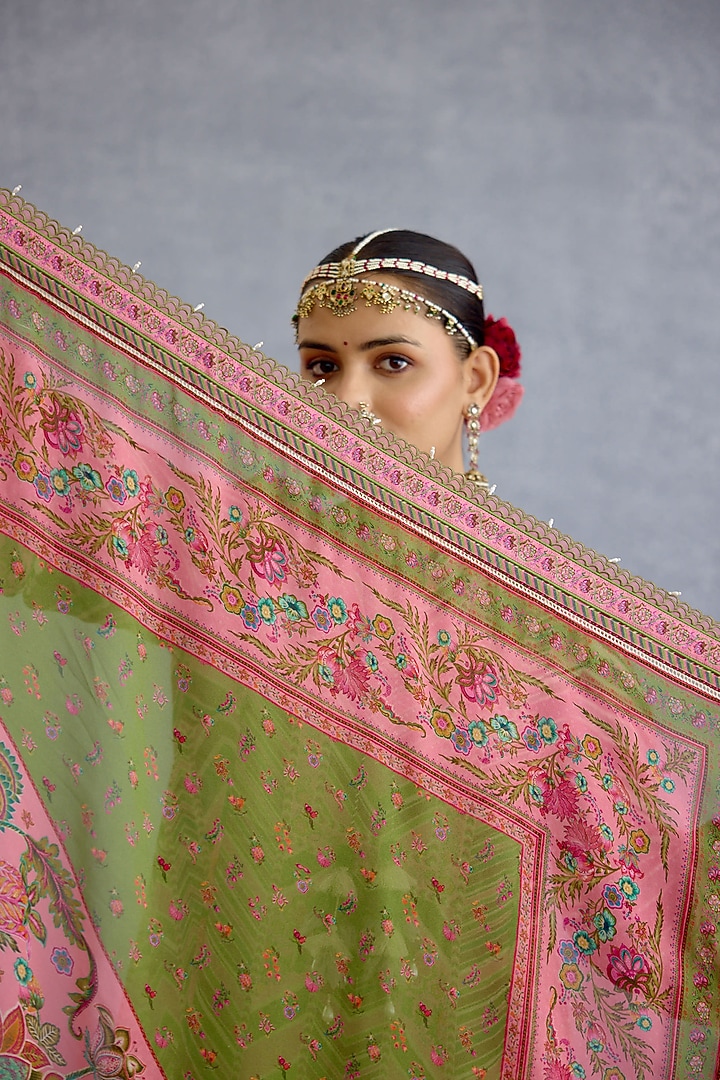 Pink & Green Silk Crepe Organza Floral Chintz Printed Scarf by Torani at Pernia's Pop Up Shop