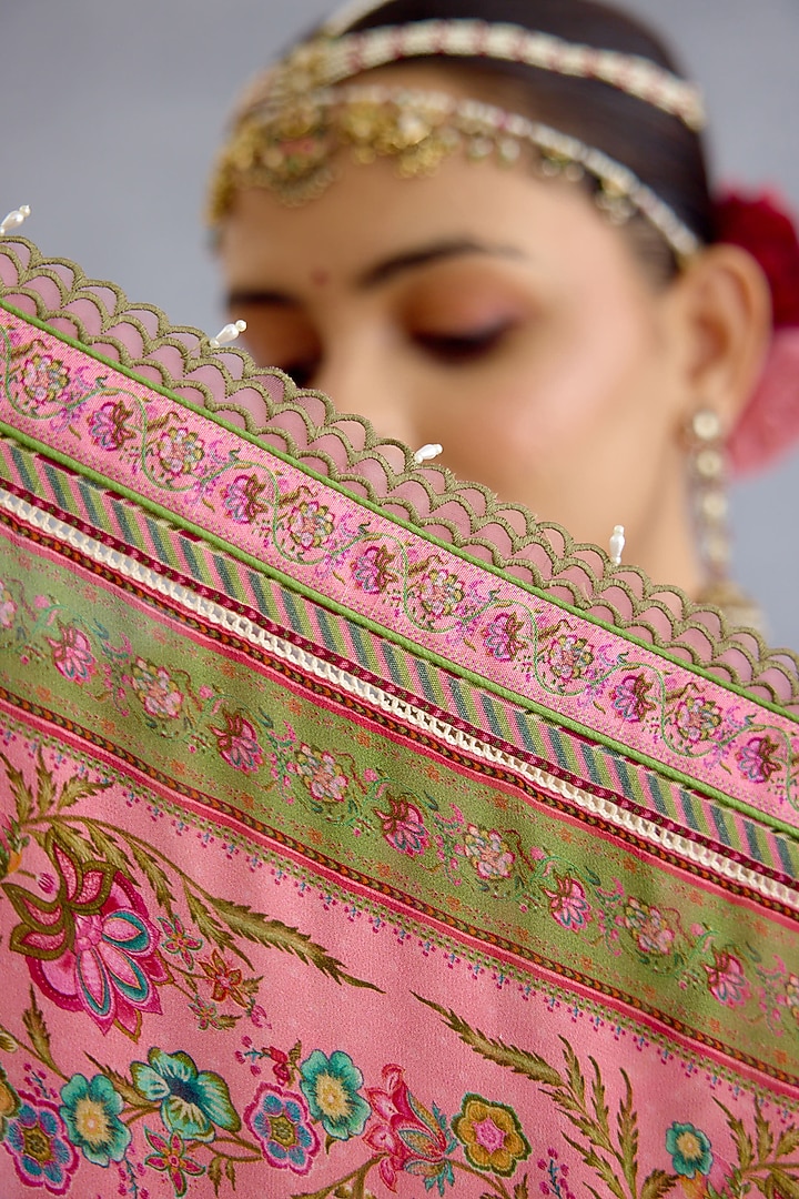Pink & Green Silk Crepe Organza Floral Chintz Printed Scarf by Torani at Pernia's Pop Up Shop