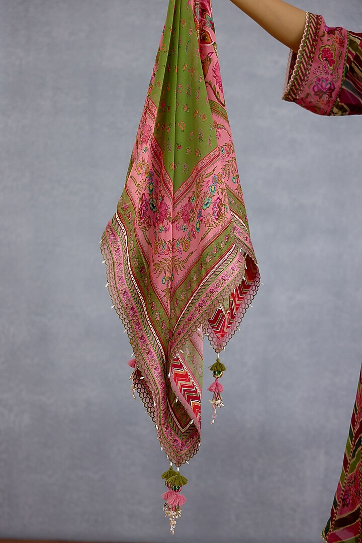 Pink & Green Silk Crepe Organza Floral Chintz Printed Scarf by Torani at Pernia's Pop Up Shop