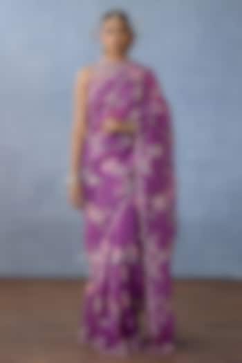 Purple Slub Silk Embroidered Reception Saree by TORANI at Pernia's Pop Up Shop