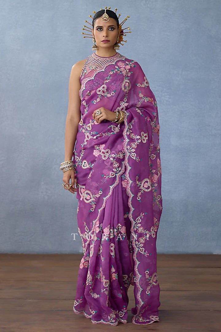 Purple Slub Silk Embroidered Reception Saree by TORANI at Pernia's Pop Up Shop