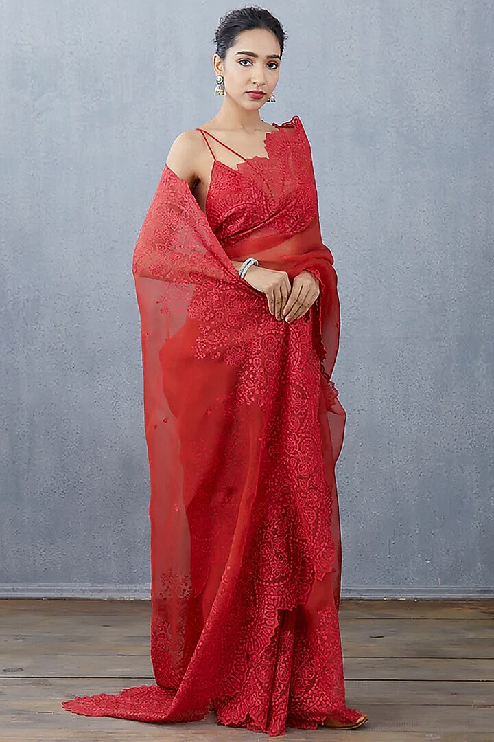 Red Silk Organza Embroidered Wedding Saree by Torani at Pernia's Pop Up Shop