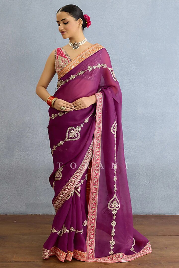Purple Georgette Dori Embroidered Bridal Saree Set by TORANI at Pernia's Pop Up Shop