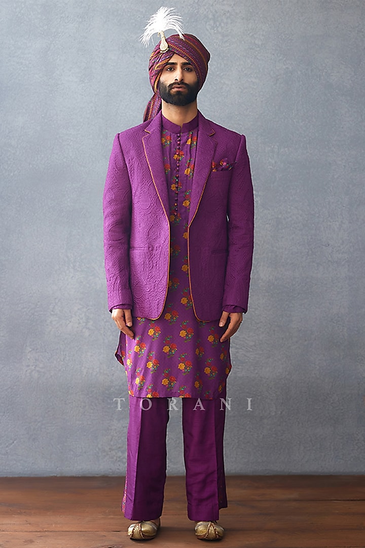 Purple Jeni Silk & Muslin Silk Jacket Set by Torani Men