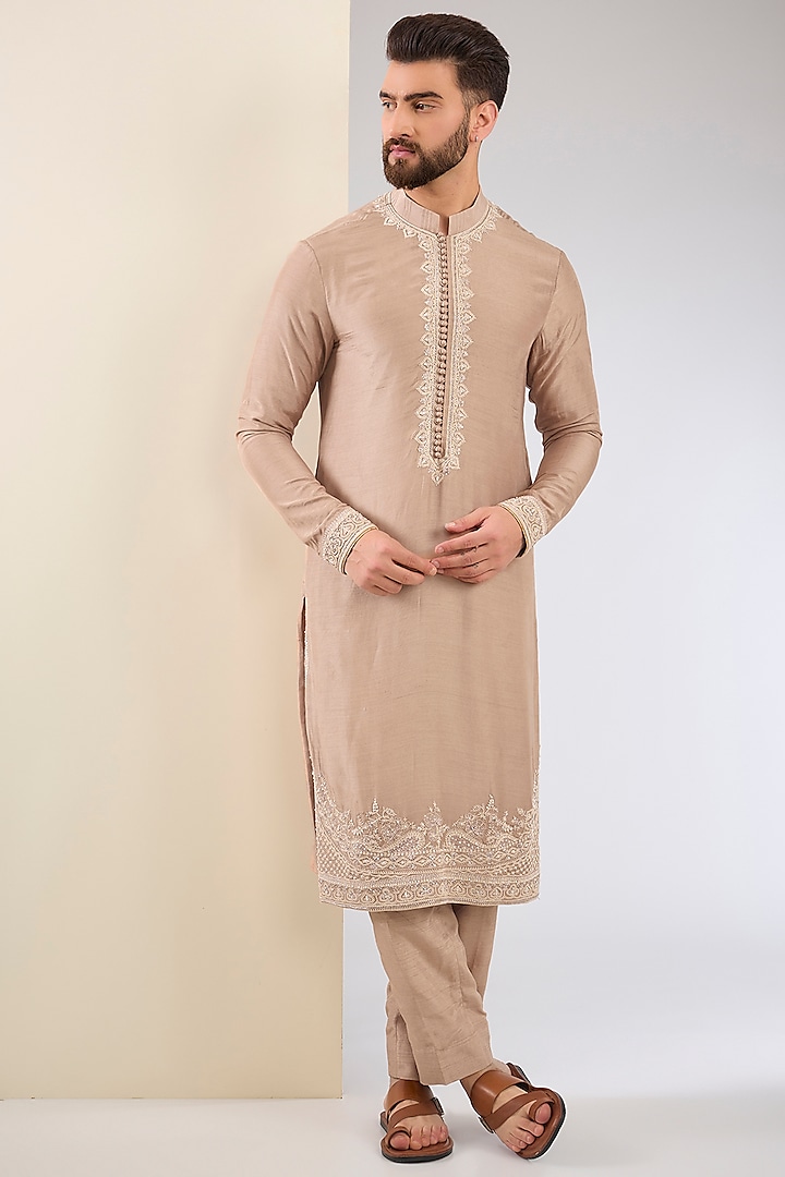 Mauve Cotton Silk & Slub Silk Embroidered Kurta Set by Torani Men