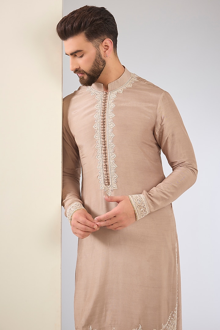Mauve Cotton Silk & Slub Silk Embroidered Kurta Set by Torani Men at Pernia's Pop Up Shop