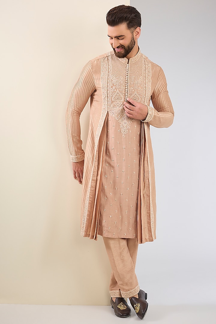 Mauve Cotton Silk & Slub Silk Embroidered Kurta Set by Torani Men