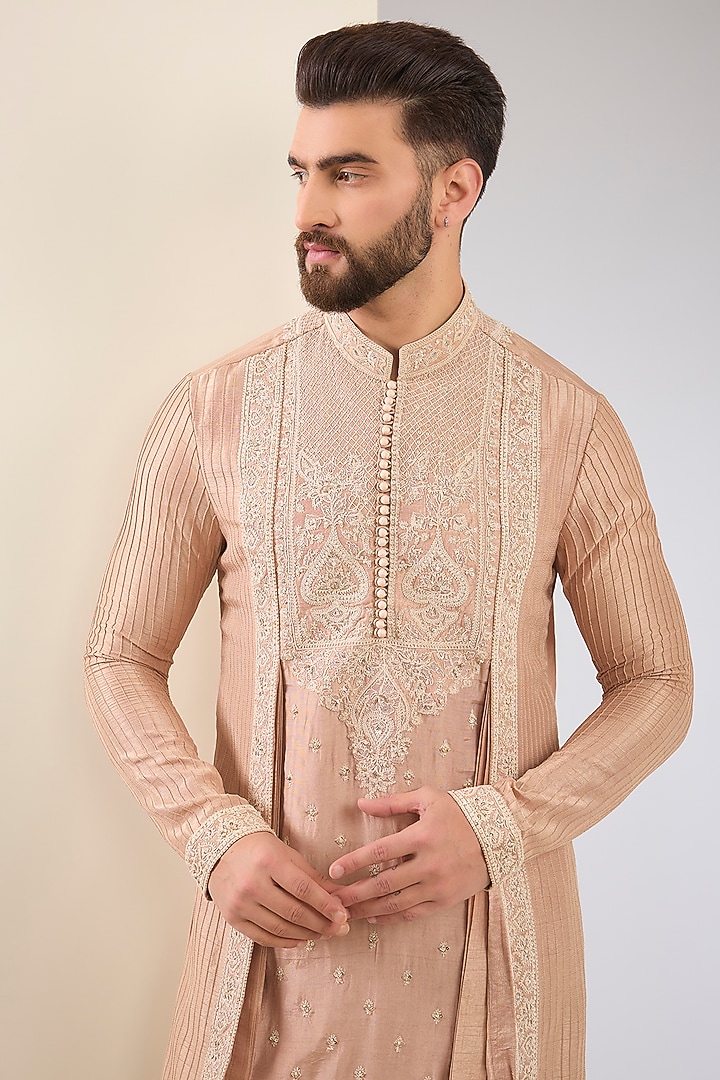 Mauve Cotton Silk & Slub Silk Embroidered Kurta Set by Torani Men at Pernia's Pop Up Shop