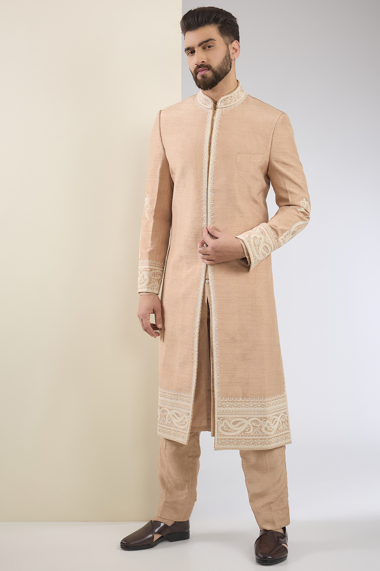 Mauve Cotton Silk & Slub Silk Embroidered Groom Sherwani Set by Torani Men at Pernia's Pop Up Shop