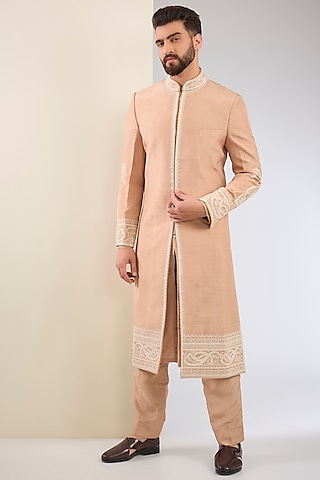 Mauve Cotton Silk & Slub Silk Embroidered Sherwani Set by Torani Men