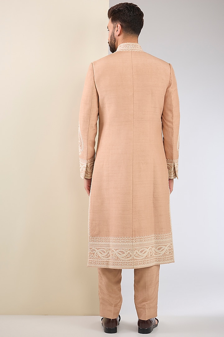 Mauve Cotton Silk & Slub Silk Embroidered Groom Sherwani Set by Torani Men at Pernia's Pop Up Shop