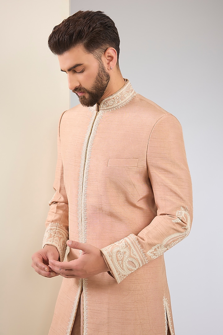 Mauve Cotton Silk & Slub Silk Embroidered Groom Sherwani Set by Torani Men at Pernia's Pop Up Shop