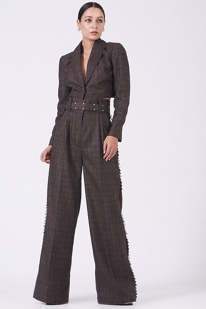 Taupe Brown Wool Tweed Cropped Blazer by Three Piece Company at Pernia's Pop Up Shop