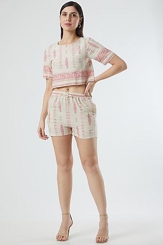 Beige Blocked Printed Top by Three Piece Company