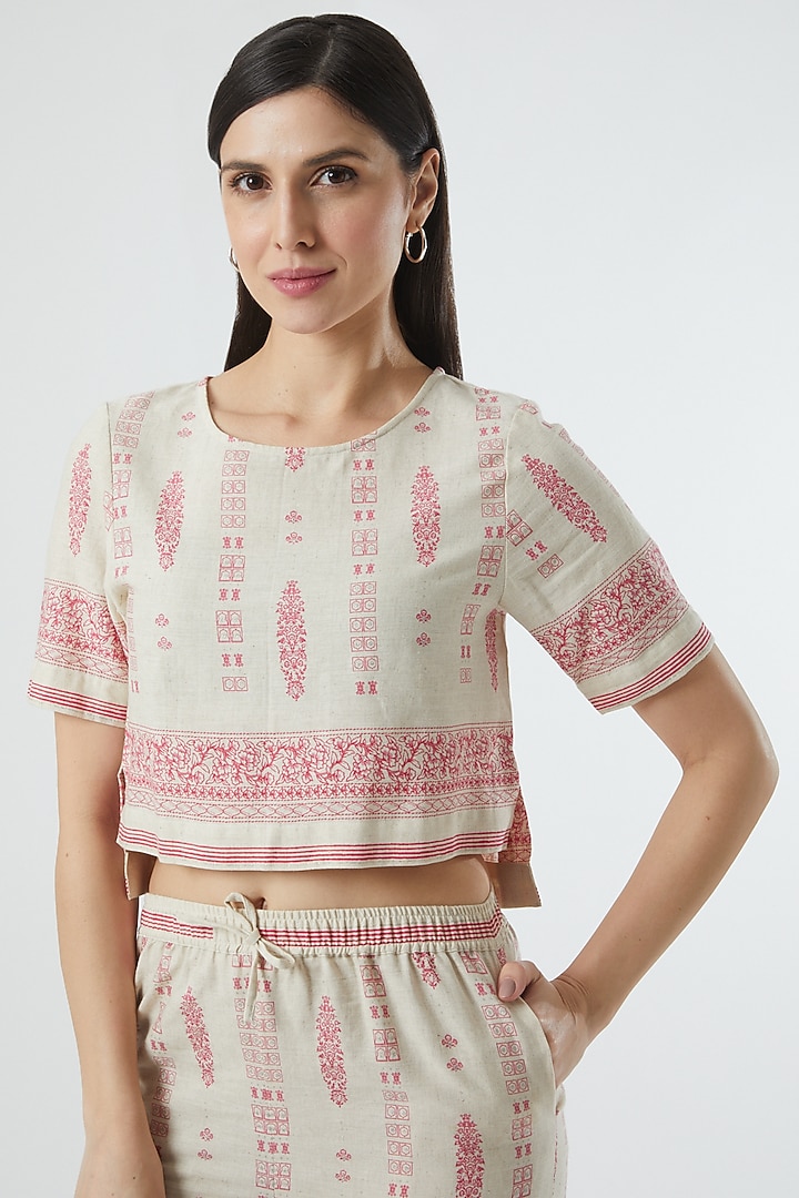 Beige Blocked Printed Top by Three Piece Company at Pernia's Pop Up Shop