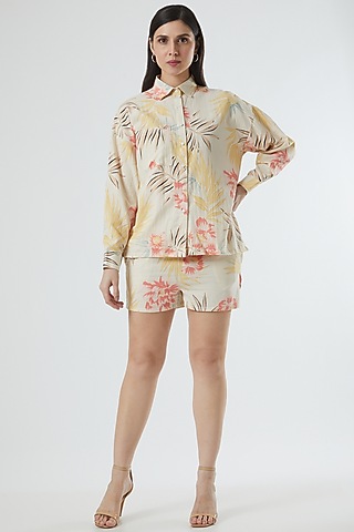 Beige Floral Printed Co-Ord Set by Three Piece Company