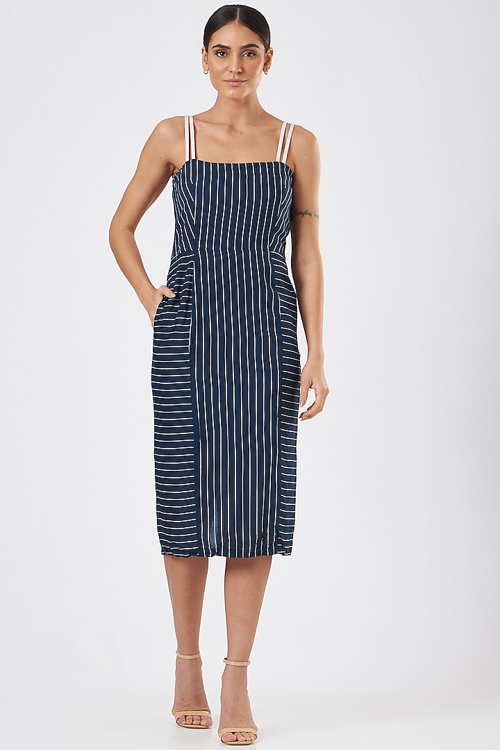 Blue Rayon Striped Dress by Three Piece Company