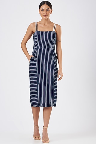 Blue Rayon Striped Dress by Three Piece Company