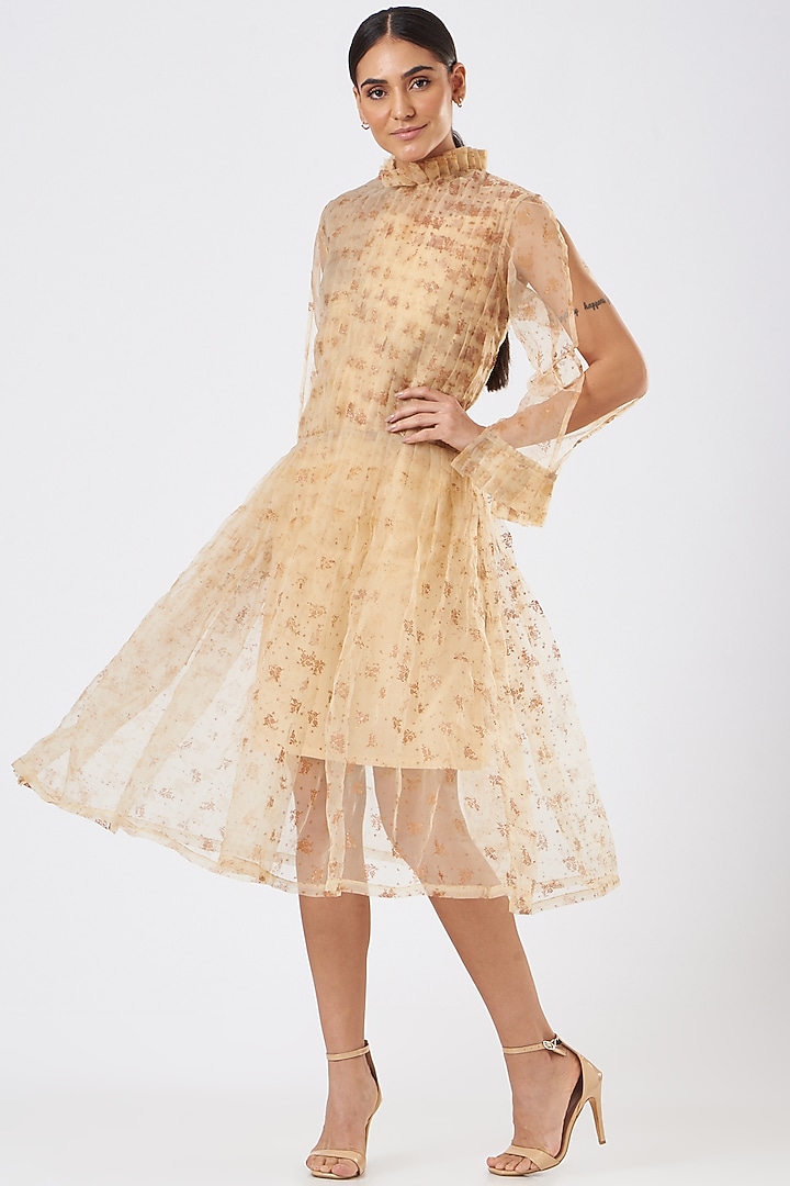 Beige Organza Pleated Summer Dress by Three Piece Company at Pernia's Pop Up Shop