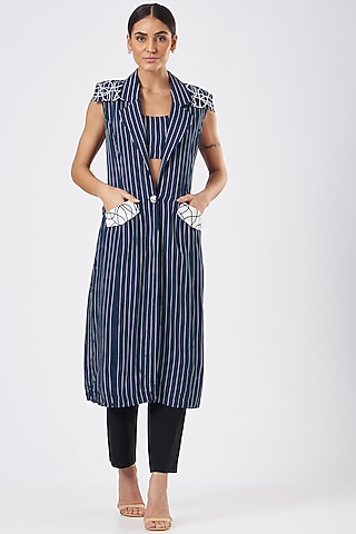 Navy Blue Striped Trench Coat by Three Piece Company