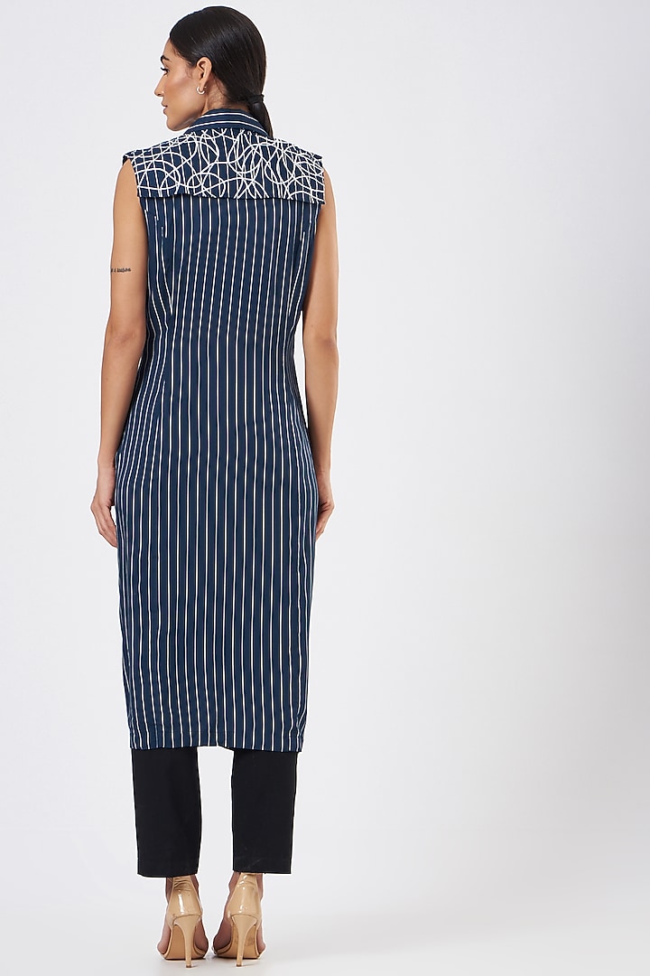 Navy Blue Striped Trench Coat by Three Piece Company at Pernia's Pop Up Shop