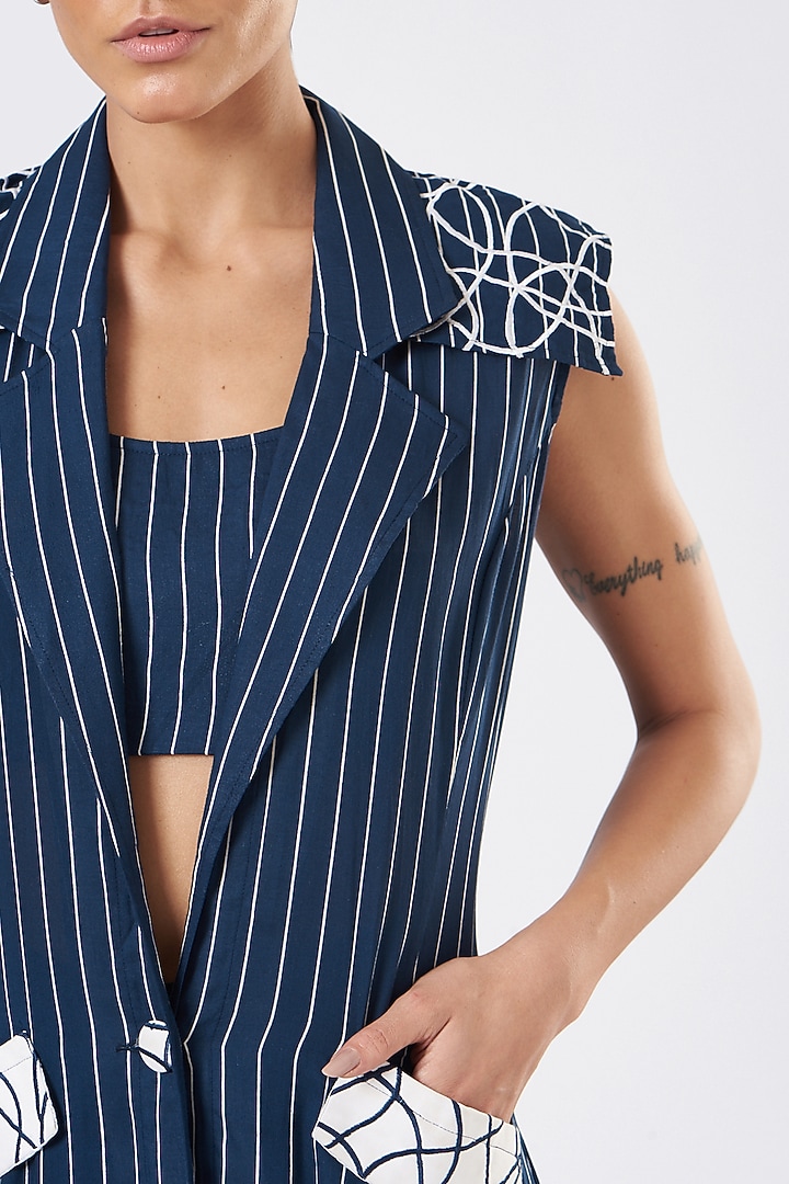 Navy Blue Striped Trench Coat by Three Piece Company at Pernia's Pop Up Shop