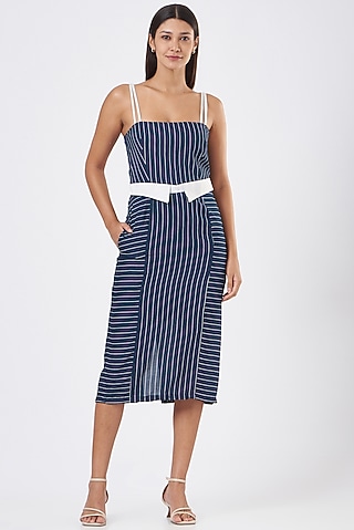 Navy Blue Rayon Printed Dress by Three Piece Company