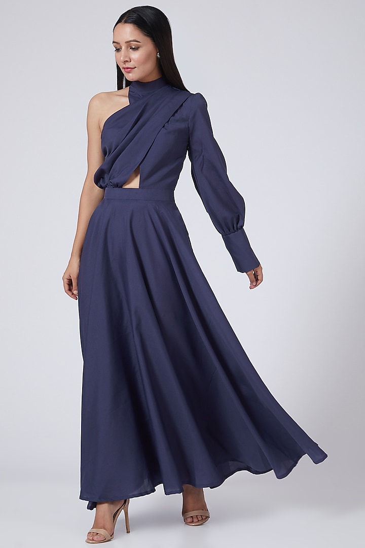 Midnight Blue One Shoulder Flared Dress Design by Three Piece Company ...