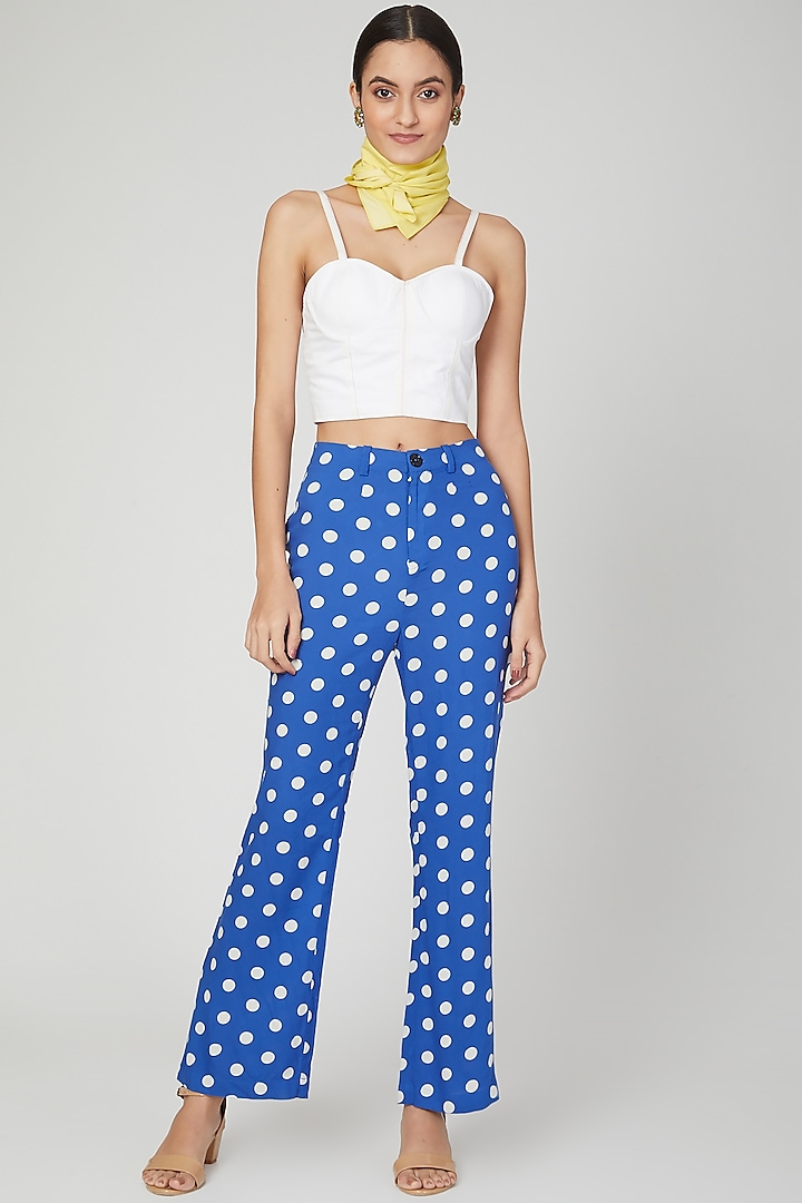Blue & White Polka Dots Printed Trousers by Three Piece Company