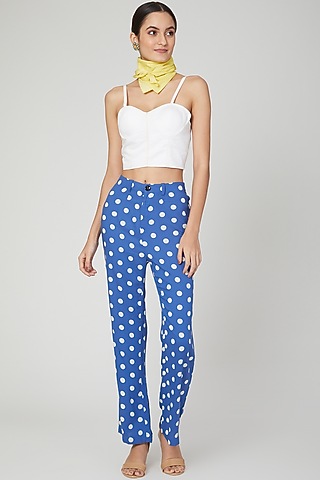 Blue & White Straight Fit Trousers by Three Piece Company
