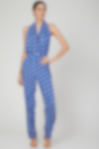 Blue & White Halter Neck Jumpsuit by Three Piece Company