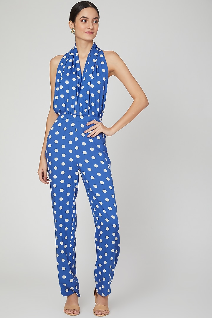 Blue & White Halter Neck Jumpsuit by Three Piece Company