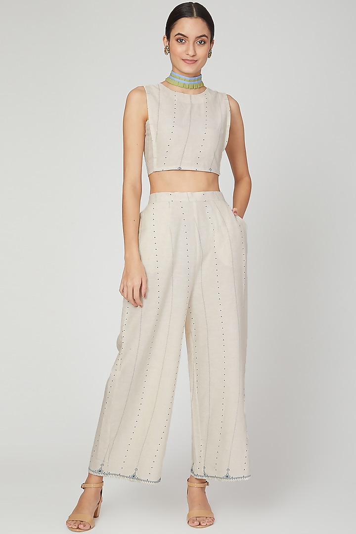 White Block Printed Crop Top by Three Piece Company