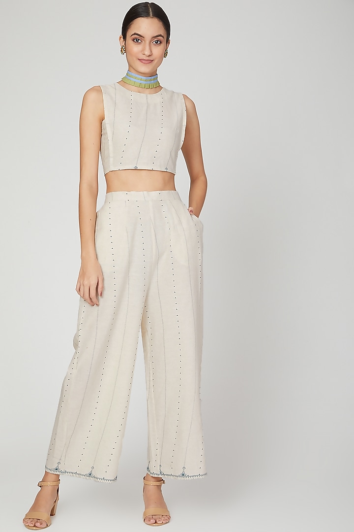 White Block Printed Flared Pants by Three Piece Company