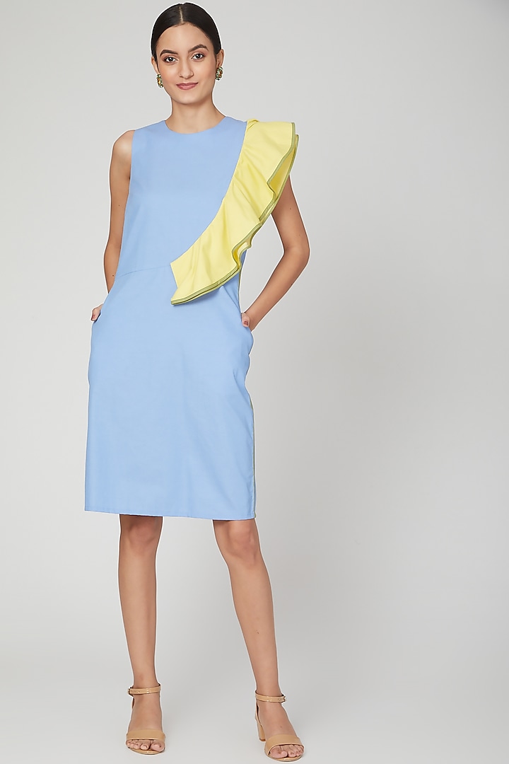 Sky Blue & Yellow Ruffled Dress by Three Piece Company
